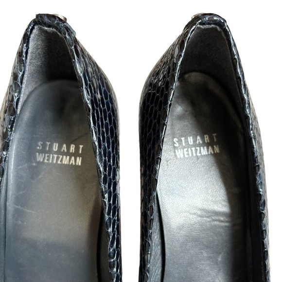 Stuart Weitzman Open Toe Black Patent Leather Snakeskin Print Heels. Sz 8.5. EUC - Picture 7 of 13